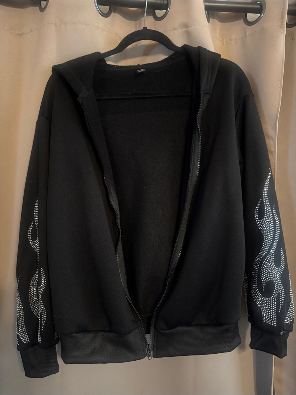 SHEIN Black Rhinestone Flame Zip Hoodie Jacket